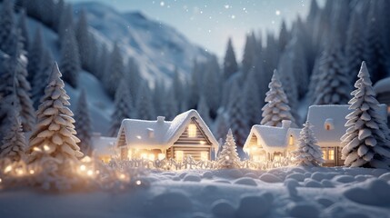 Winter or Christmas publicizing foundation with purge white painted rural wooden sheets ignoring a lit cold timber mountain cabin with falling snow for item arrangement - obrazy, fototapety, plakaty