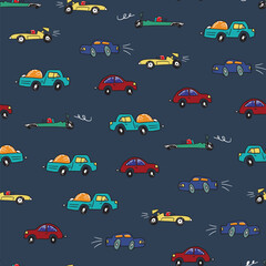 Funny doodle cars vector seamless pattern.
