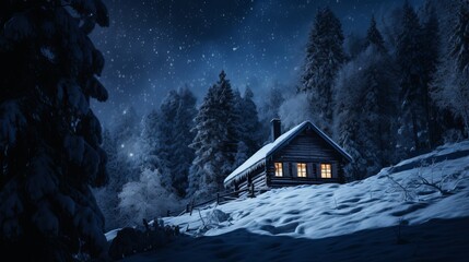 Winter or Christmas publicizing foundation with purge white painted rural wooden sheets ignoring a lit cold timber mountain cabin with falling snow for item arrangement - obrazy, fototapety, plakaty