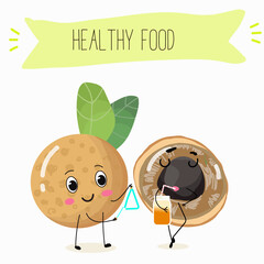 Vector cartoon character longan, funny vegetables, fruits. Fresh harvest, exotic, organic, vegetarian products, children's birthday, price tag, sticker.