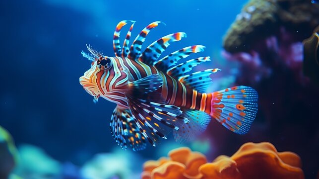 Wonderful multi color mandarin angle, mandarin angle battling, two male mandarin angle closeup, Mandarinfish or dragonet. Colorful mandarin dragonet swimming in clear ocean water close beautiful