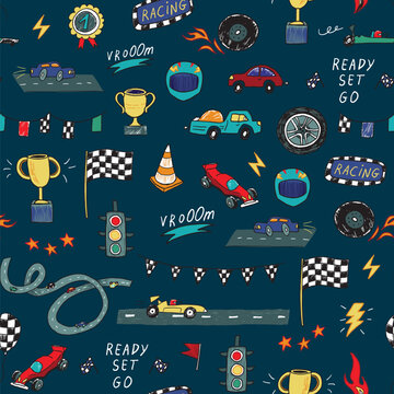 Racing cars vector sealess pattern.