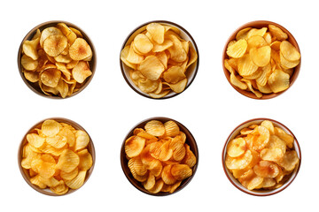 Obraz premium Collection of top-view crispy potato chips in a bowl isolated on a transparent background