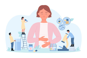 Research into causes of abdominal pain by tiny doctors vector illustration. Cartoon sick female character holding belly with symptoms of stomachache and nausea because of fast food, wine and bacteria