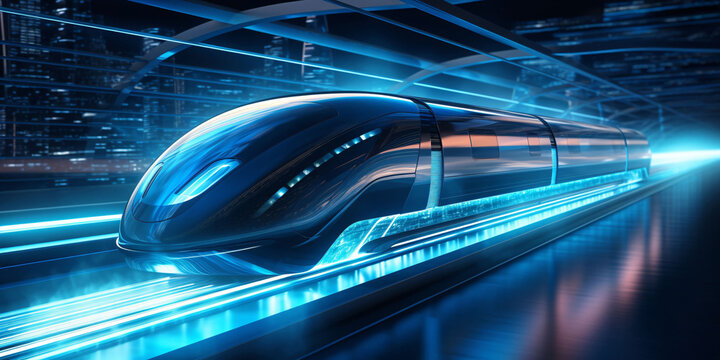 The future technology of high-speed transport. Futuristic bullet train or hyperloop ultrasonic train capsule. The tunnel is located in an urban environment. AI generated