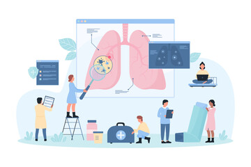 Lung examination in hospital, pulmonology vector illustration. Cartoon tiny people with magnifying glass check human lungs for respiratory infection, tuberculosis or pneumonia, bronchial asthma - obrazy, fototapety, plakaty