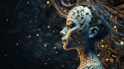 Fototapeta na wymiar A digital artwork showcasing a female robotic head with circuit board elements, symbolizing a revolution in artificial intelligence and futuristic technology.