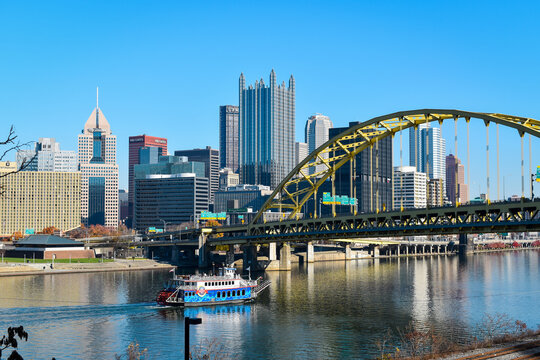 Downtown Pittsburgh across the Monongahela River on a sunny day, October 2020