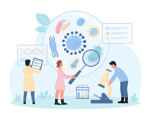 Epidemiology, bacteriology and infectious disease research vector illustration. Cartoon tiny people with magnifying glass and laboratory microscope study microorganisms in Petri dish, test tubes