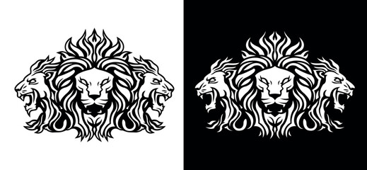 Lion King heads mascot front and side view company logo vector line art illustration on black and white background. Triple Lion faces and mane business logo design.
