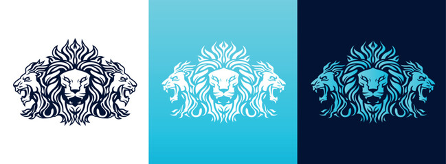 Triple Lion face mascot front and side view logotype line art eps vector art image illustration. Lion head with mane hair business company logo design and brand identity graphic.