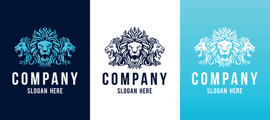 Three Lion King head logo template design line art vector illustration isolated on white and dark backgrounds. Triple Lion face with mane hair brand identity logotype design.
