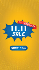 World Biggest Shopping Festival Big Sale Vector, 11.11 Shopping day Poster or banner in yellow and blue theme.11 November Sales banner template design for social media and web. Editable.