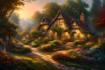 an oil painting capturing a fairytale garden akin to Thomas Kinkade, featuring a cozy, illuminated...