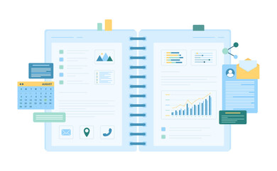 Journal for schedule and agenda planning vector illustration. Cartoon isolated open planner notebook with binder and paper sheets to write daily plan, calendar and diary to organize appointments