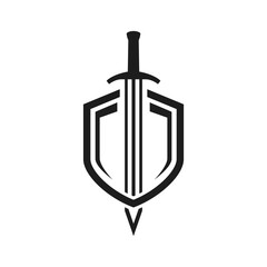 Shield and sword logo on a white background