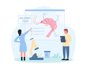 Allergy to seafood vector illustration. Cartoon tiny people research infographic science information poster with shrimp, medical test for allergic intolerance to fish and sea products by doctors