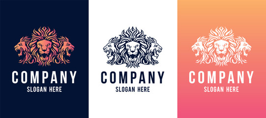 Triple Lion face mascot front and side view vector art image business company logo template, brand identity logotype on white and dark backgrounds.