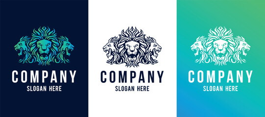 Triple Lion face mascot front and side view logotype line art eps vector art image illustration. Lion head with mane hair business company logo design and brand identity graphic.