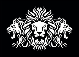 Three Lion King head logo template design line art vector illustration isolated on white and dark backgrounds. Triple Lion face with mane hair brand identity logotype design.
