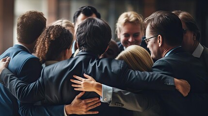A team of colleagues hugging each other - obrazy, fototapety, plakaty