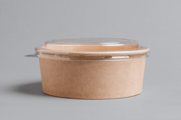 Disposable paper container with plastic lid. Rice bowl for takeaway. Recyclable material. Eco friendly food packaging. Delivery box meal. - Powered by Adobe