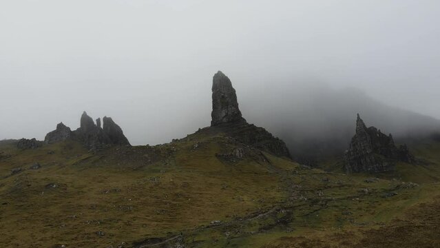 Panoramic view of the famous landmark "The Old Man of Storr," which is a popular destination for hikers and photographers.