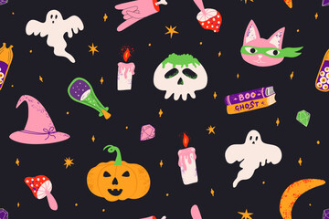 Seamless pattern with Halloween cartoon elements. Dark background with a witchs potion, ghost and other decor for the holiday. Vector illustration for textile, wrapping paper, fabric.