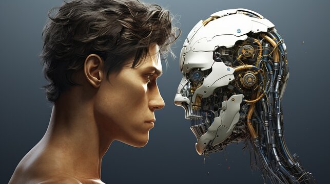 An illustration depicting a face-off between a human and a robot, representing the rivalry, job replacement, and competition between humans and artificial intelligence.