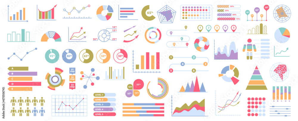 Leinwandbilder chart and graphs vector flat cartoon icons. statistics, growth and pie chart icon set. stats and dia