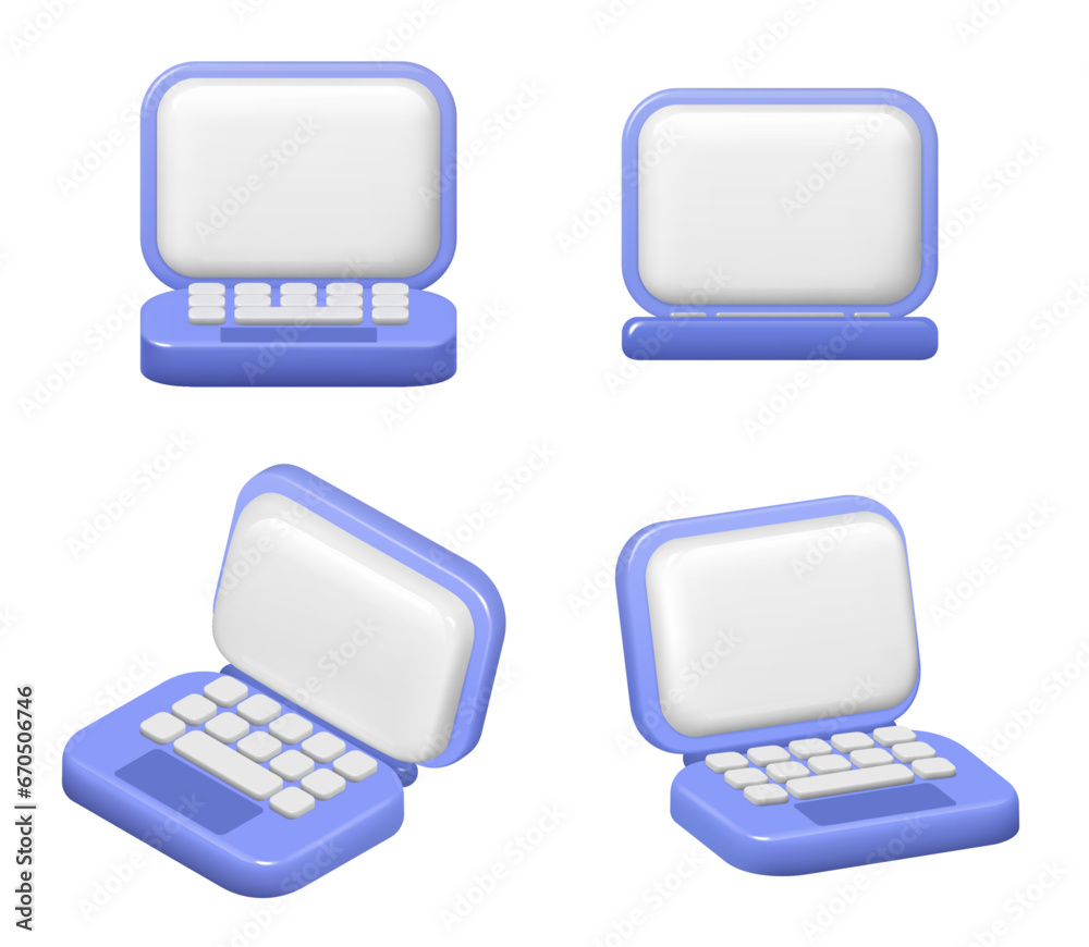 Poster personal computer with monitor and keyboard. vector isolated 3d icon of laptop portable gadget, cart