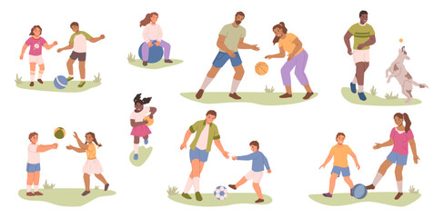 Cartoon people character in park vector illustration. Man and woman play with dog, nature leisure activity. Boy and girl playing with ball on grass, summer outdoors, family and children
