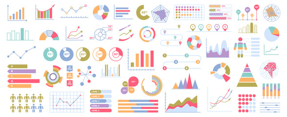 Chart and graphs vector flat cartoon icons. Statistics, growth and pie chart icon set. Stats and diagram, financial analytics, sales increase and reduce concept. Web design elements