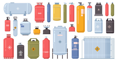 Gas cylinder container bottle, tank with dangerous liquid. Lpg propane bottle icon container. Oxygen gas cylinder canister fuel storage. Vector flat carton illustration of camping flammable canister - obrazy, fototapety, plakaty