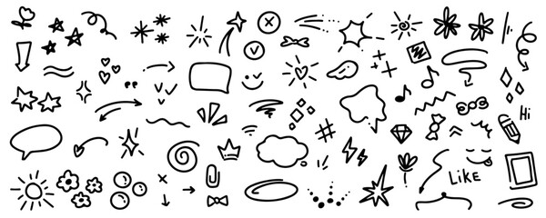 Doodle cute line elements, glitter pen drawings. Simple sketch line style emphasis, attention, pattern elements. Doodle heart, arrow, star, sparkle decoration symbol set icon. Vector illustration.