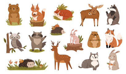 Forest animals cartoon icons set. Vector illustration of dear and fox, raccoon and beaver, owl and rabbit, hedgehog and bear, squirrel and cute rodent badger childish characters illustration in flat s