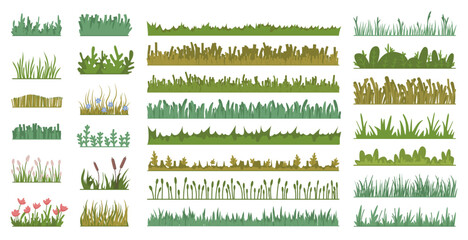 Vector flat grass with blooming flowers set isolated icons. Illustration of green grass in cartoon style, spring fresh grasses kit for web game design. Nature landscape element - obrazy, fototapety, plakaty