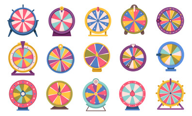 Roulette fortune spinning wheels flat icon, gambling games automats. Set of fortune, wheel for casino, success game roulette vector illustration. Bankrupt or lucky gamble, leisure games - obrazy, fototapety, plakaty