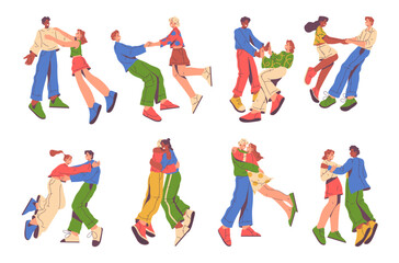 Friends or couples hugging and holding hands, happy of meeting each other. Cheerful men and women cuddling and meeting, boyfriend and girlfriend. Flat cartoon character, vector illustration