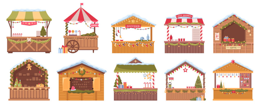 Christmas market stall kiosk vector set. Cartoon traditional winter fair marketplace, wooden booth gift shop with souvenirs, garlands decoration, snow on roof, candies and gift boxes, New Year trees