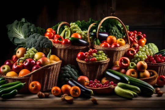 a scene that depicts an assortment of fresh, locally sourced fruits and vegetables spilling out of wicker baskets.