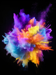 Colorful explosion of powder is shown on a black background