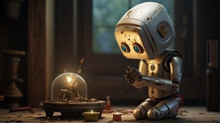 Fototapeta premium A surreal and abstract scene of a robotic figure with blue eyes and machinery, portraying a sense of cold and heat in a futuristic and sci-fi setting.