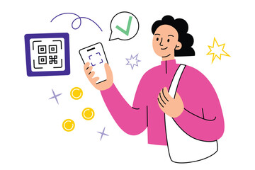 Woman pays with qr code, contactless payment hand drawn composition, coins doodle icons, vector illustration of shopping, person uses smartphone to pay, qr code scan technology, mobile bank app, 