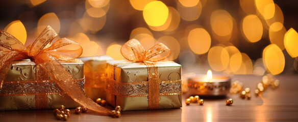 Diwali Deepavali golden gift boxes and glowing candle lights web banner. Happy Diwali background, web banner. Diwali Hindu festival of lights celebration. Colorful traditional Diwali gifts.