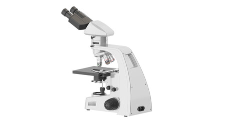 Realistic 3d illustration of a microscope. Pharmaceutical and educational tool. A magnifying tool for research. A symbol of science and chemistry. Isolated on white background