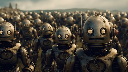 A vintage-style formation of marching AI robots, representing a large army with a retro and metallic appearance in a battlefield and science fiction context - obrazy, fototapety, plakaty