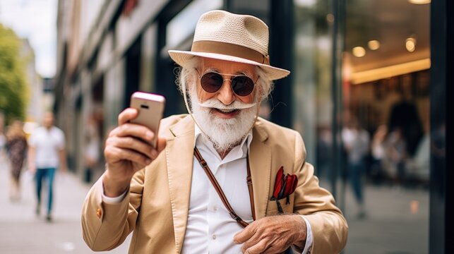 Handsome fashionable retired male blogger, influencer taking selfie photo, Happy tourist walking around city making phone video call