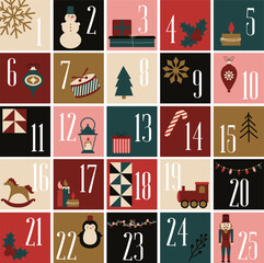 Christmas advent calendar - 25 hand drawn cards is a December countdown calendar vector illustration, christmas eve creative winter set with numbers.