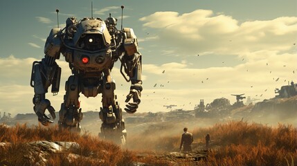 An image of a giant robot standing in a post-apocalyptic landscape, overlooking tiny humans in a dystopian and sci-fi environment